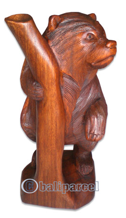 Wooden Bear On Tree, Hand Carved From Suar Wood