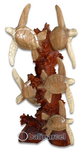 Wooden Five Turtles On Coral, Hand Carved From Suar Wood