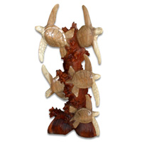 Wooden Five Turtles On Coral, Hand Carved From Suar Wood