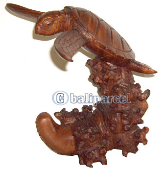Wooden Turtle On Coral, Hand Carved From Suar Wood