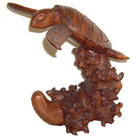 Wooden Turtle On Coral, Hand Carved From Suar Wood