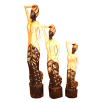 Women Statue Set Of 3, Handmade From Albesia Wood