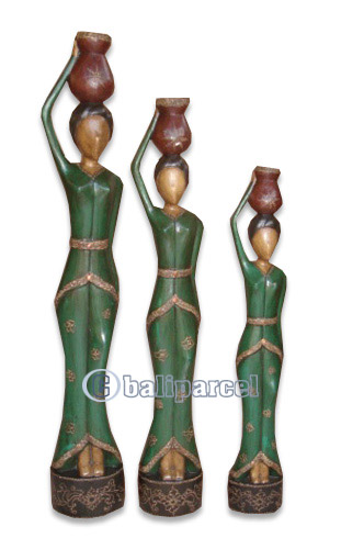 Women Statue Set Of 3, Handmade From Albesia Wood