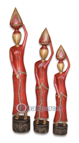Women Statue Set Of 3, Handmade From Albesia Wood