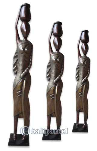 Women Statue Set Of 3, Handmade From Albesia Wood