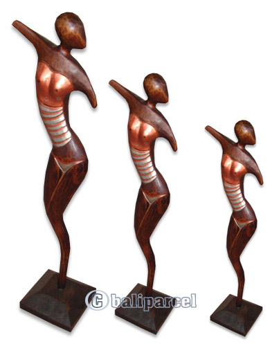 Women Statue Set Of 3, Handmade From Albesia Wood
