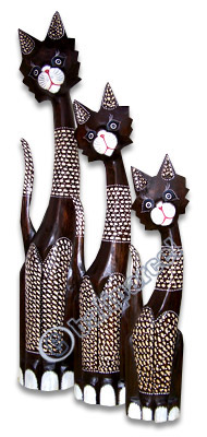 Wooden Cat Set Of 3 With Painted, Hand Carved From Albesia Wood