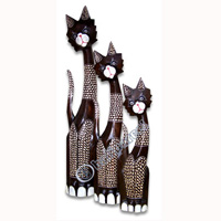 Wooden Cat Set Of 3 With Painted, Hand Carved From Albesia Wood