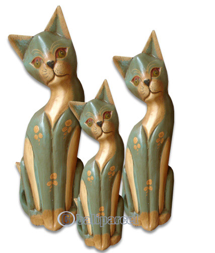 Wooden Cat Set Of 3 With Painted, Hand Carved From Albesia Wood