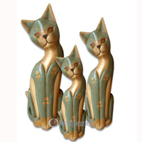 Wooden Cat Set Of 3 With Painted, Hand Carved From Albesia Wood