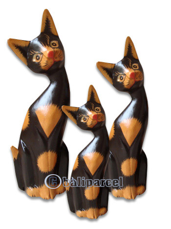 Wooden Cat Set Of 3 With Painted, Hand Carved From Albesia Wood