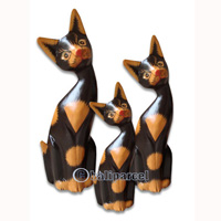 Wooden Cat Set Of 3 With Painted, Hand Carved From Albesia Wood