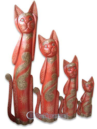Wooden Cat Set Of 3 With Painted, Hand Carved From Albesia Wood