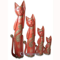 Wooden Cat Set Of 3 With Painted, Hand Carved From Albesia Wood