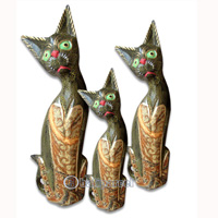 Wooden Cat Set Of 3 With Painted, Hand Carved From Albesia Wood