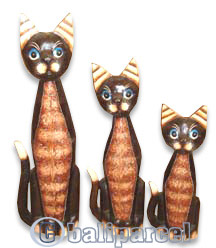 Wooden Cat Set Of 3 With Painted, Hand Carved From Albesia Wood