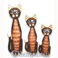 Wooden Cat Set Of 3 With Painted, Hand Carved From Albesia Wood