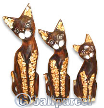 Wooden Cat Set Of 3 With Painted, Hand Carved From Albesia Wood