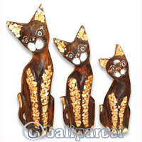 Wooden Cat Set Of 3 With Painted, Hand Carved From Albesia Wood