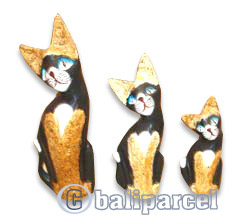 Wooden Cat Set Of 3 With Painted, Hand Carved From Albesia Wood
