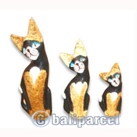 Wooden Cat Set Of 3 With Painted, Hand Carved From Albesia Wood