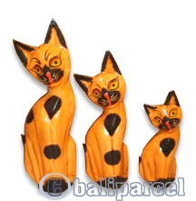 Wooden Cat Set Of 3 With Painted, Hand Carved From Albesia Wood