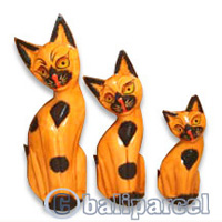 Wooden Cat Set Of 3 With Painted, Hand Carved From Albesia Wood