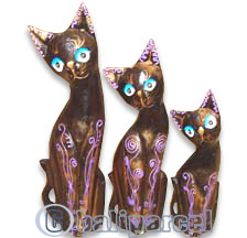 Wooden Cat Set Of 3 With Painted, Hand Carved From Albesia Wood