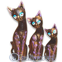 Wooden Cat Set Of 3 With Painted, Hand Carved From Albesia Wood