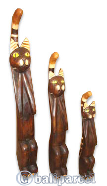 Wooden Cat Set Of 3 With Painted, Hand Carved From Albesia Wood