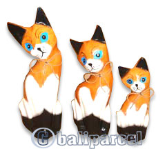 Wooden Cat Set Of 3 With Painted, Hand Carved From Albesia Wood