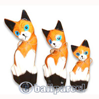 Wooden Cat Set Of 3 With Painted, Hand Carved From Albesia Wood
