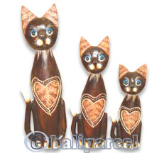 Wooden Cat Set Of 3 With Painted, Hand Carved From Albesia Wood
