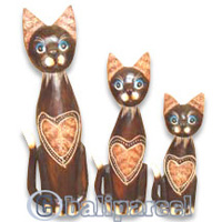 Wooden Cat Set Of 3 With Painted, Hand Carved From Albesia Wood