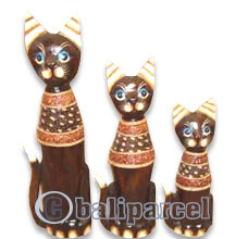 Wooden Cat Set Of 3 With Painted, Hand Carved From Albesia Wood