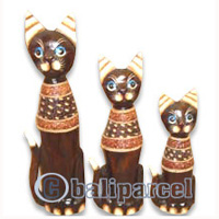 Wooden Cat Set Of 3 With Painted, Hand Carved From Albesia Wood