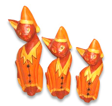 Wooden Cat Set Of 3 With Painted, Hand Carved From Albesia Wood