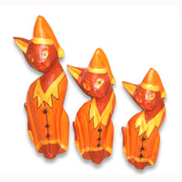 Wooden Cat Set Of 3 With Painted, Hand Carved From Albesia Wood