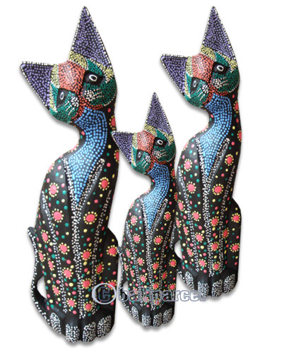 Wooden Cat Set Of 3 With Painted, Hand Carved From Albesia Wood