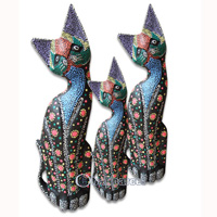 Wooden Cat Set Of 3 With Painted, Hand Carved From Albesia Wood