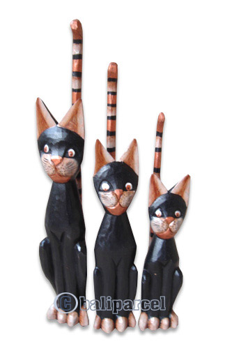 Wooden Cat Set Of 3 With Painted, Hand Carved From Albesia Wood