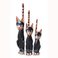 Wooden Cat Set Of 3 With Painted, Hand Carved From Albesia Wood