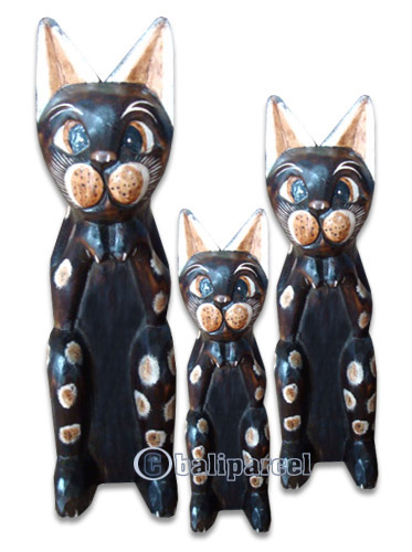 Wooden Cat Set Of 3 With Painted, Hand Carved From Albesia Wood