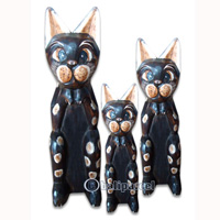 Wooden Cat Set Of 3 With Painted, Hand Carved From Albesia Wood