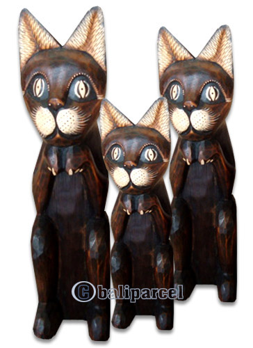 Wooden Cat Set Of 3 With Painted, Hand Carved From Albesia Wood