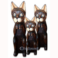 Wooden Cat Set Of 3 With Painted, Hand Carved From Albesia Wood
