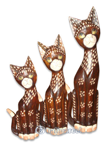Wooden Cat Set Of 3 With Painted, Hand Carved From Albesia Wood