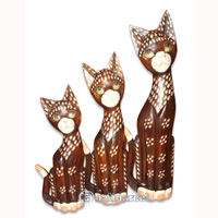 Wooden Cat Set Of 3 With Painted, Hand Carved From Albesia Wood