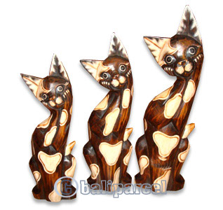 Wooden Cat Set Of 3 With Painted, Hand Carved From Albesia Wood