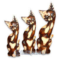 Wooden Cat Set Of 3 With Painted, Hand Carved From Albesia Wood